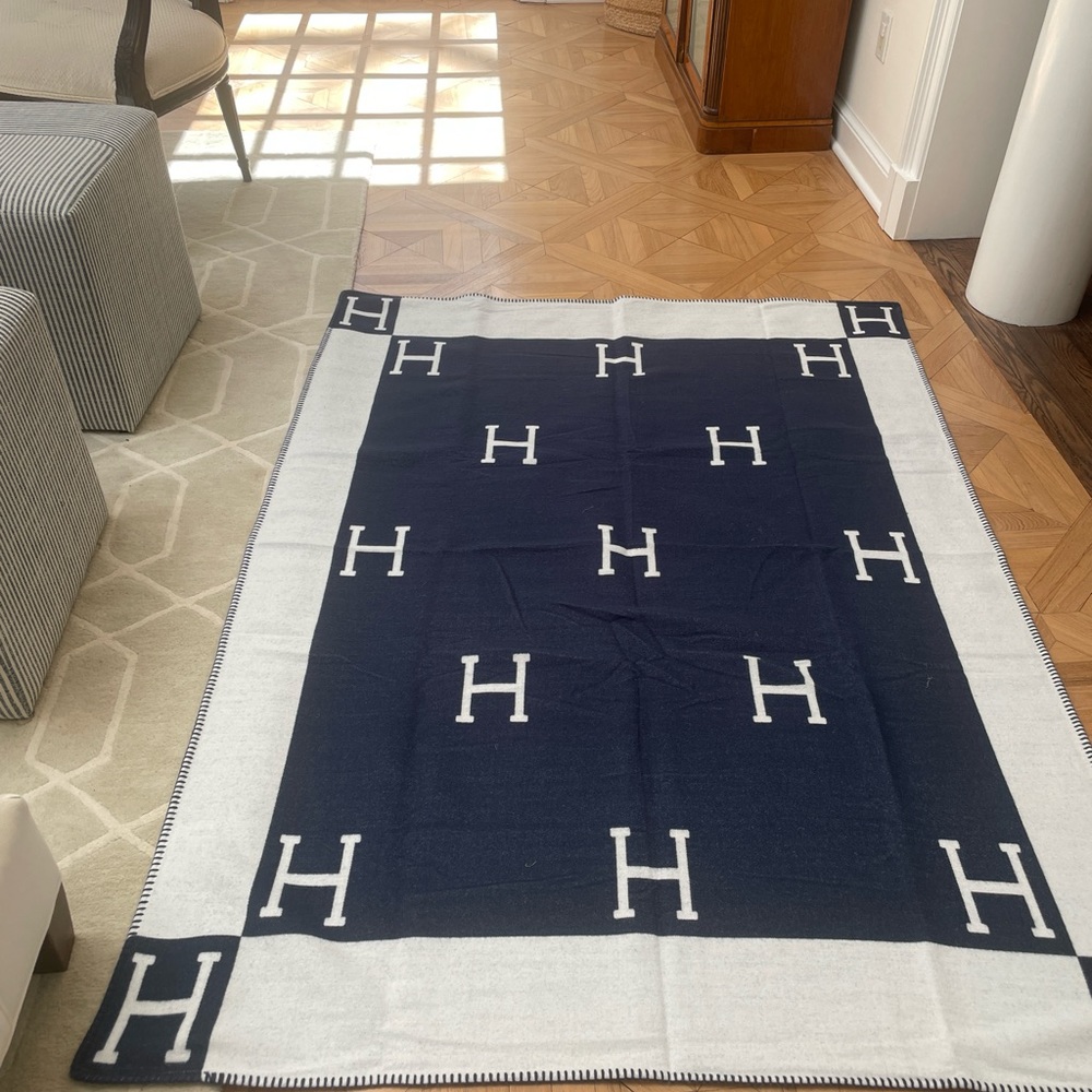 H Blanket - Ecru and Navy Blue